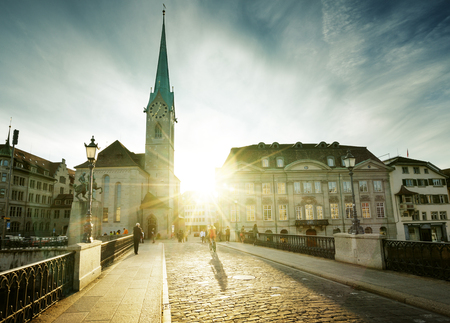 City center of Zurich with famous Fraumunster Church, Switzerlandのeditorial素材