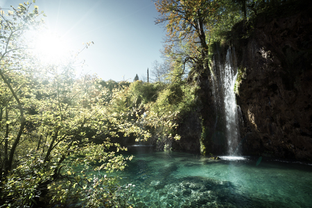 waterfall in forest, Plitvice Lakes, Croatiaの写真素材