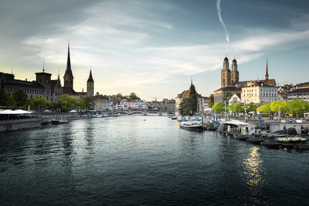 Zurich city center with famous Fraumunster, Grossmunster and St. Peter and river Limmat, Switzerlandの写真素材
