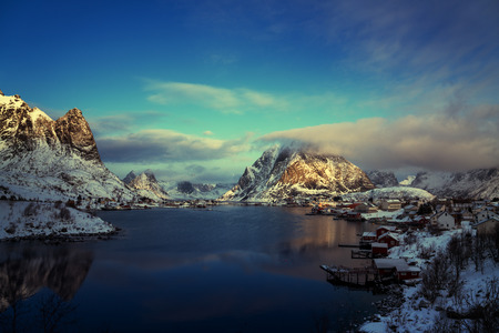 snow in Reine Village, Lofoten Islands, Norwayの写真素材