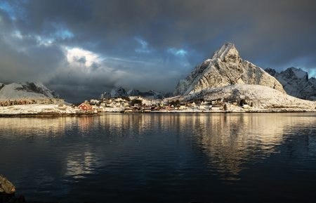 Snow in Reine Village, Lofoten Islands, Norwayの写真素材