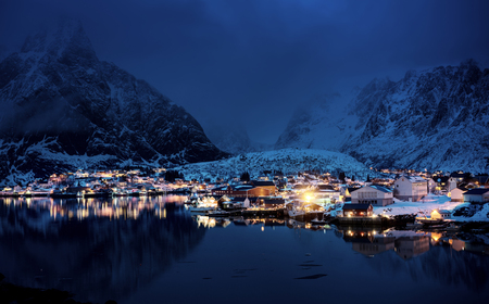 sunset in Reine Village, Lofoten Islands, Norwayの写真素材