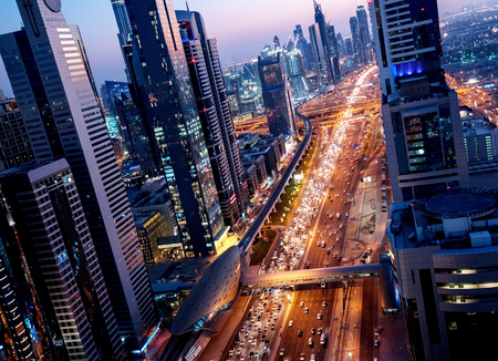 Sheikh Zayed Road in sunset time, Dubai, UAEの写真素材
