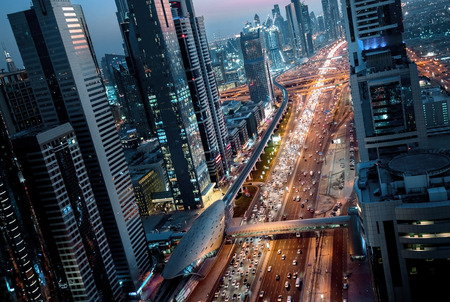 Sheikh Zayed Road in sunset time, Dubai, UAEの写真素材