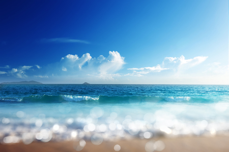 Sunset, Seychelles beach, tilt shift effectの写真素材