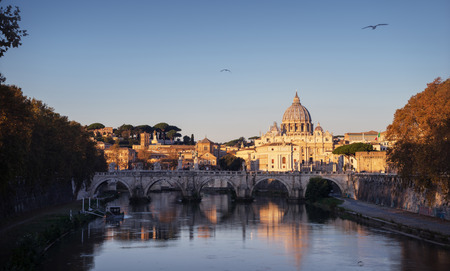 Tiber and St Peter Basilica in Vatican, sunrise timeの写真素材