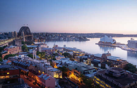 sunrise, Aerial view of Sydney with Harbour Bridge, Australiaのeditorial素材