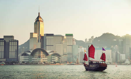 Hong Kong harbor in sunset timeの写真素材