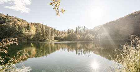 lake in atumn forest, Croatia, Plitviceの写真素材