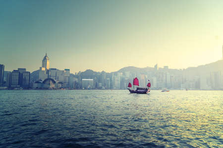 Hong Kong harbor in sunset timeの写真素材