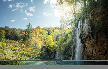 waterfall in forest, Plitvice Lakes, Croatiaの写真素材