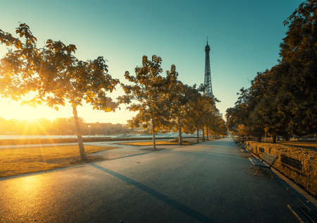 sunny morning and Eiffel Tower, Paris, France