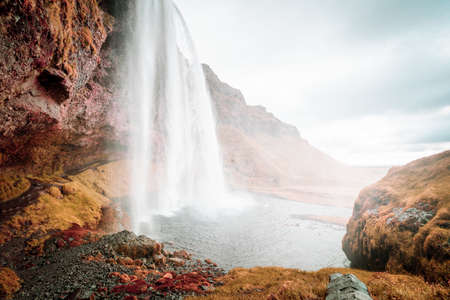Seljalandfoss waterfall in autumn time, Icelandの写真素材