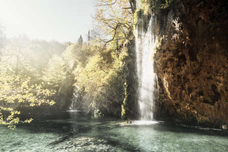 waterfall in forest, Plitvice Lakes, Croatiaの写真素材