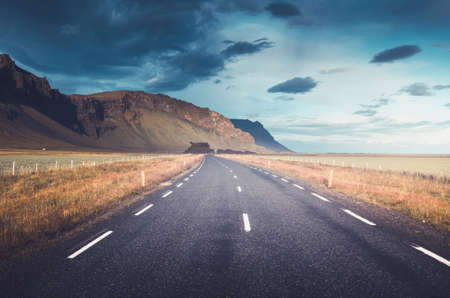 Icelandic landscape with asphalt roadの写真素材