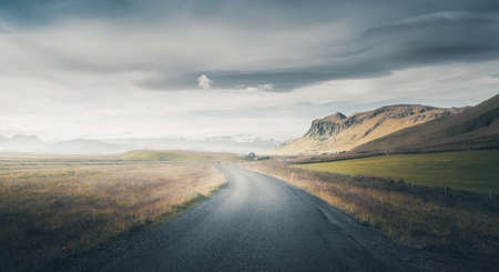 Icelandic landscape with asphalt roadの写真素材