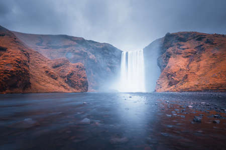 Skogafoss waterfall, autumn time, Icelandの写真素材