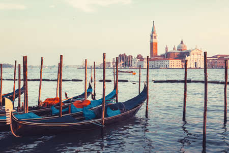 Gondolas on Grand Canal and San Giorgio Maggiore church in Veniceの写真素材