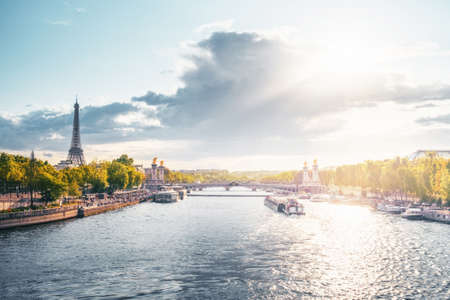 Alexander III bridge and Eiffel tower, Paris, Franceの写真素材