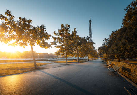 sunny morning and Eiffel Tower, Paris, Franceの写真素材