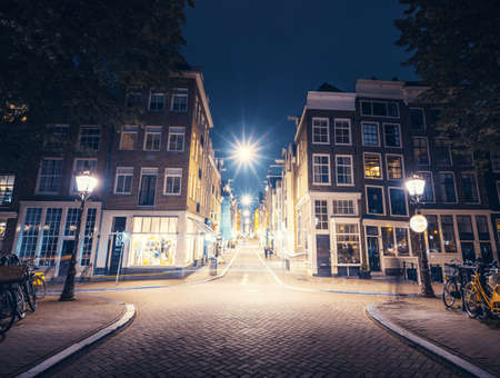 street of Amsterdam at night, Netherlandsの写真素材