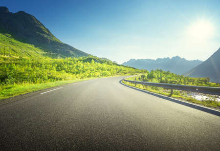 summer road in mountain, Lofoten islands, Norwayの写真素材