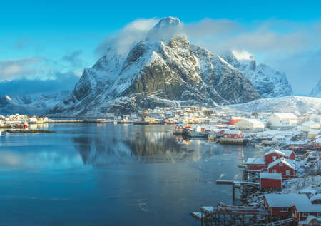 snow in Reine Village, Lofoten Islands, Norwayの写真素材