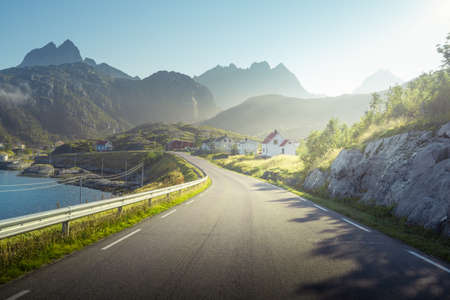 road and mist, Lofoten islands, Norwayの写真素材