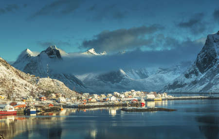 snow in Reine Village, Lofoten Islands, Norwayの写真素材