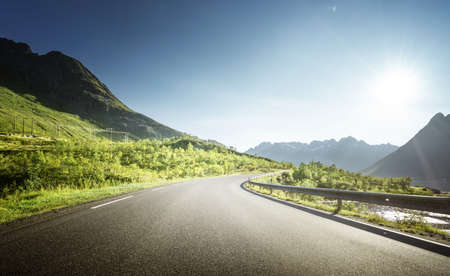 summer road in mountain, Lofoten islands, Norwayの写真素材