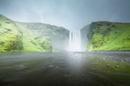 Skogafoss waterfall, summer time, Icelandの写真素材