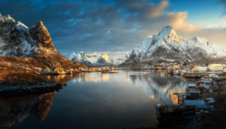 sunrise in Reine Village, Lofoten Islands, Norwayの写真素材
