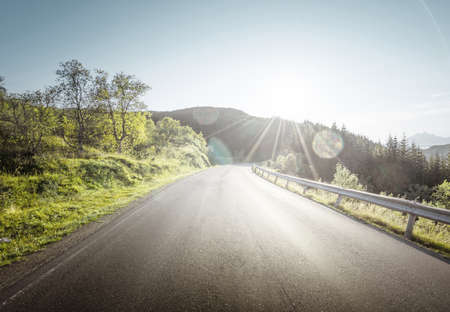 summer road in mountain, Lofoten islands, Norwayの写真素材