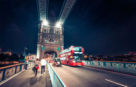 night view of Tower Bridge traffic, London, UKの写真素材
