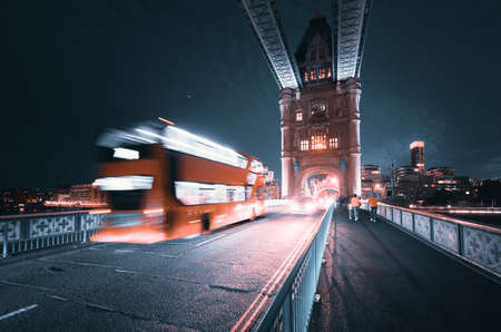 night view of Tower Bridge traffic, London, UKの写真素材