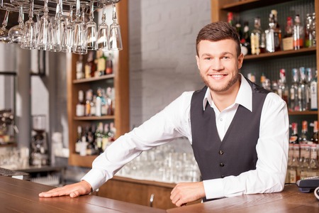 Handsome young barman is waiting for customer in bar. He is standing at counter and smiling. The man is looking at camera happilyの写真素材