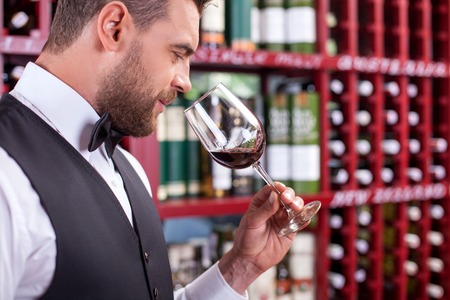 Cheerful young wine waiter is holding a glass of red wine. He is smelling it with pleasure and smiling. The man is standing in cellar. Copy space in right sideの写真素材