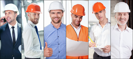 Collage of diverse multi-ethnic and mixed age architects standing and smiling with happiness