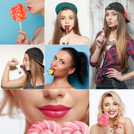 Collage of beautiful young women eating lollipop with pleasure. They are standing and posing with pretty smileの写真素材