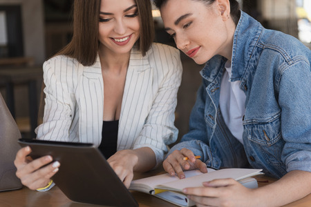 female consultant showing her client how to buy things onlineの写真素材