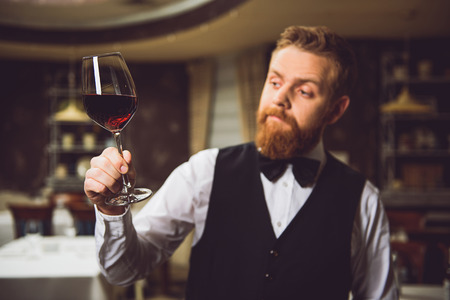 Wine critic is holding glass with nectar. He watching attentively at hueの写真素材