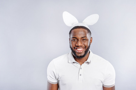 Funny guy wearing rabbit earsの写真素材