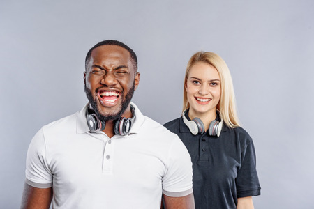 Candid couple expressing positive emotionsの写真素材
