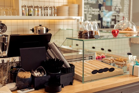 Working place for salesman in cafeteriaの写真素材