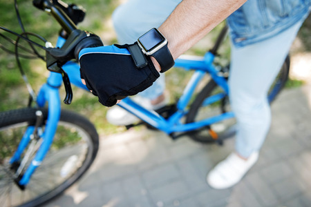 Active sporty man on bicycleの写真素材