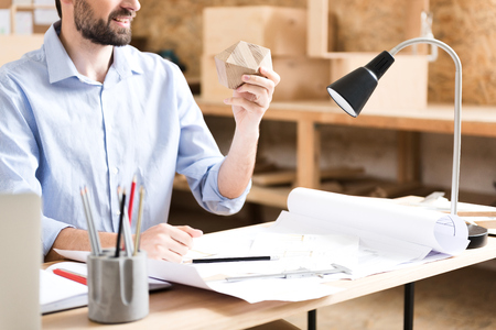 Cheerful wood master making design of new produce indoorsの写真素材