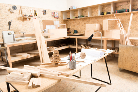 Desk with professional instruments are in joineryの写真素材