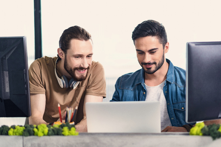 Cheerful smiling men working together