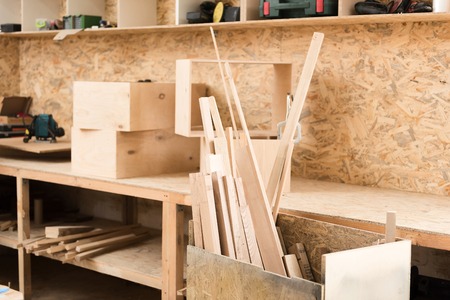 Woodworking room with professional equipmentの写真素材