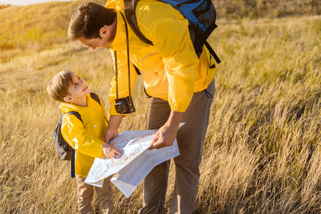 Happy family enjoying travel in the natureの写真素材